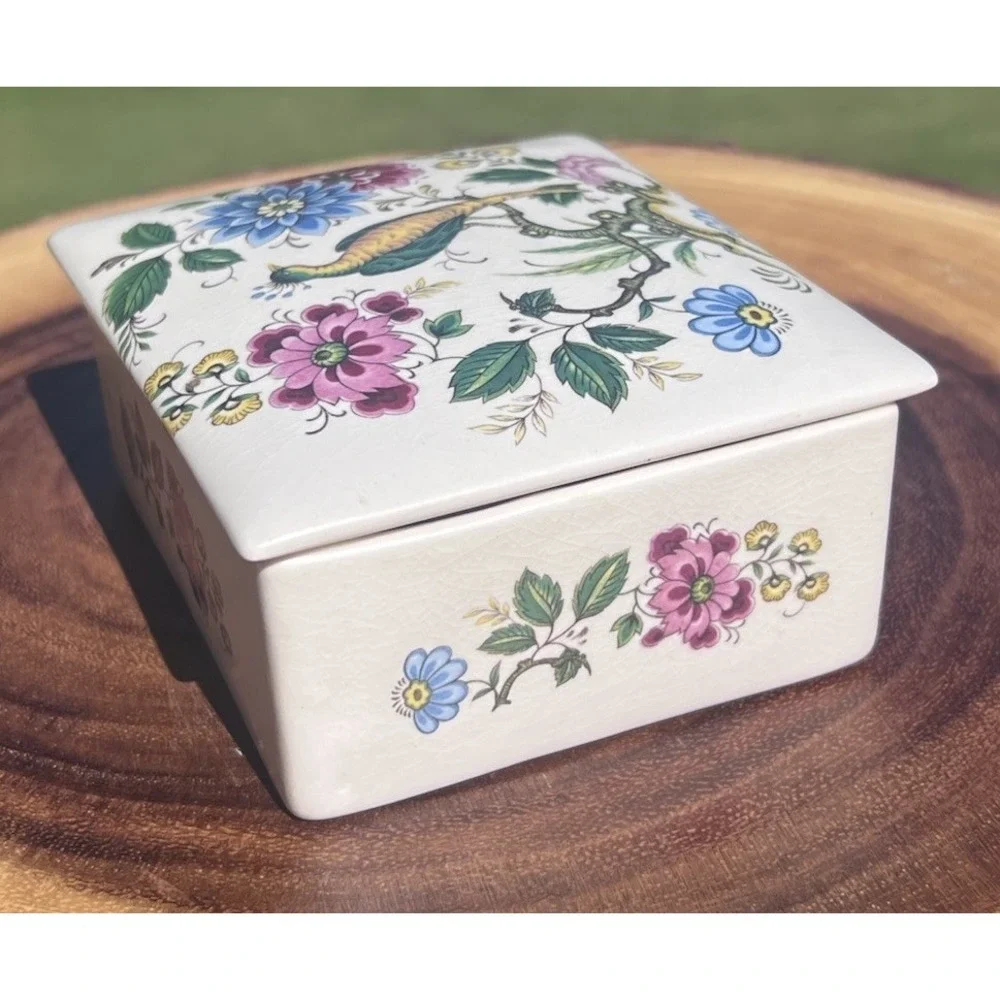 Vintage Purbeck Ceramics Swanage England Trinket Box Peacock Floral Chinoiserie